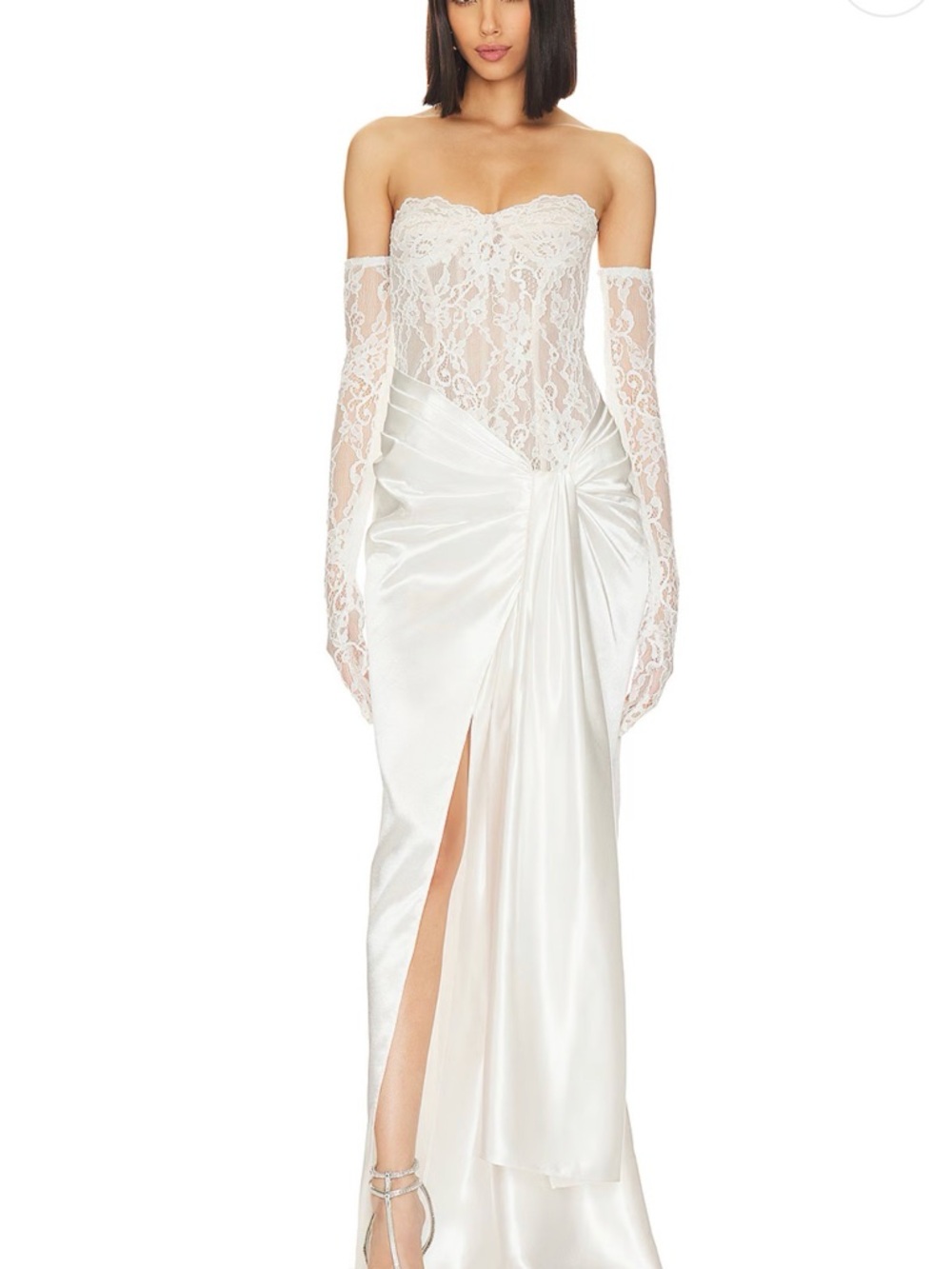 Bronx and Banco White Strapless Lace Bodice Satin Gown